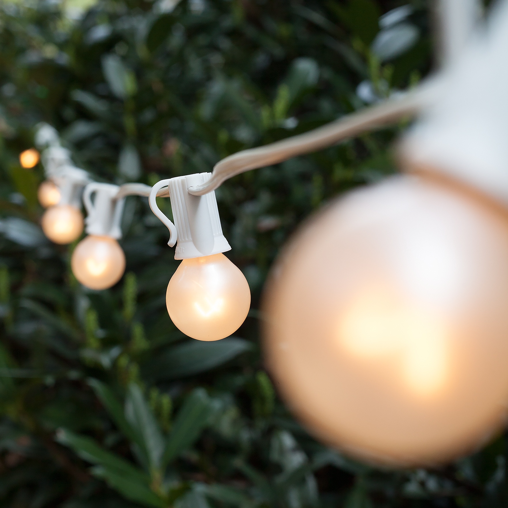 Patio Lights - Commercial Pearl White Satin Lights, 25 G30 E12 Bulbs White Wire