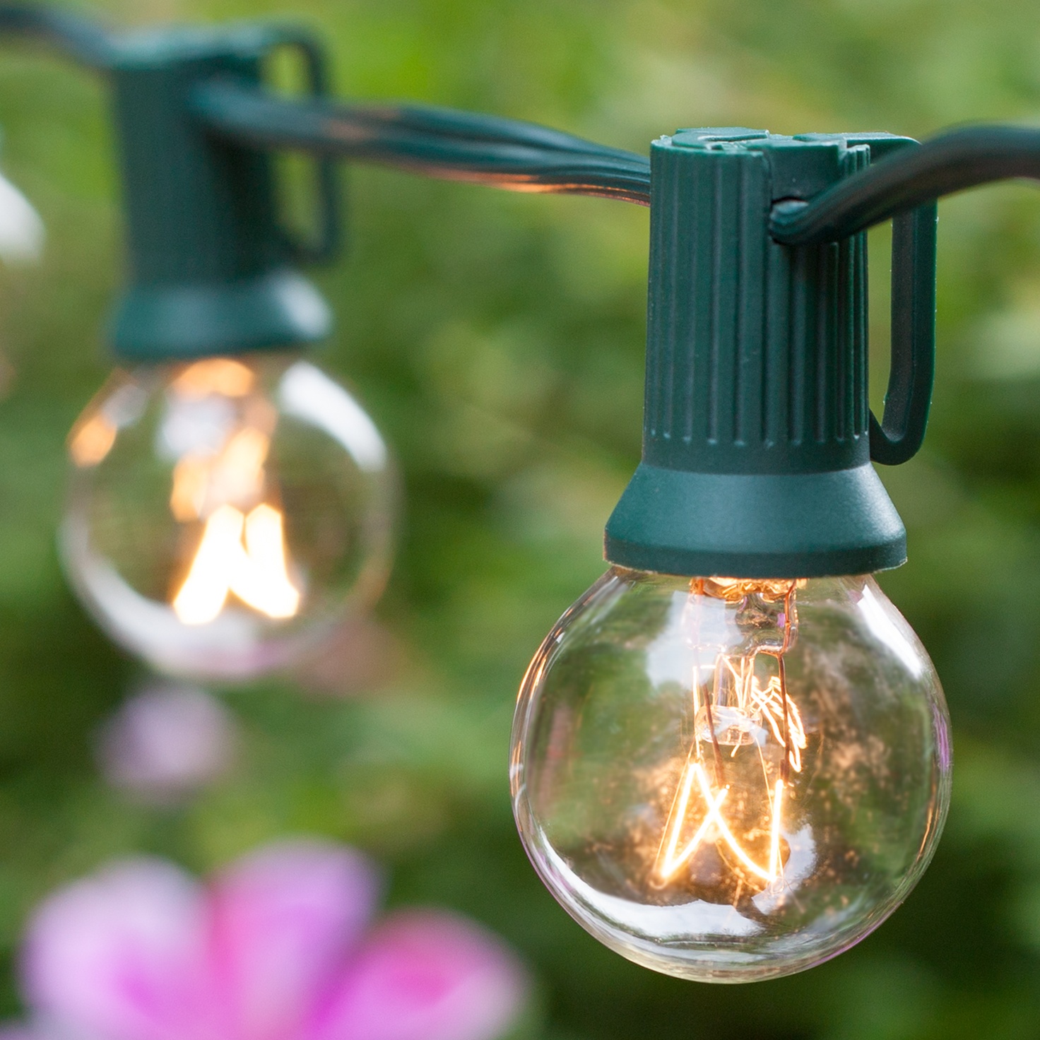 Patio Lights - Commercial Clear Globe String Lights, 20 G30 E12 Bulbs Green Wire