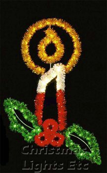 Product ID: 15426Description: 8' X 5' Candle w/Holly and Garland, Building Front, Amber, Clear, Green and Red Lamps