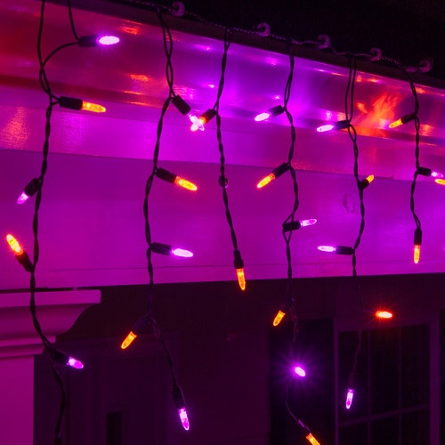 Product ID: 17599 Description: 150 Purple / Orange Halloween Icicle Lights - Black Wire