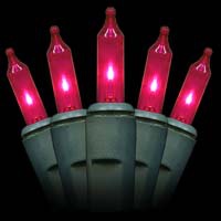 50 Pink Christmas Tree Mini Lights, 6" Spacing, Green Wire