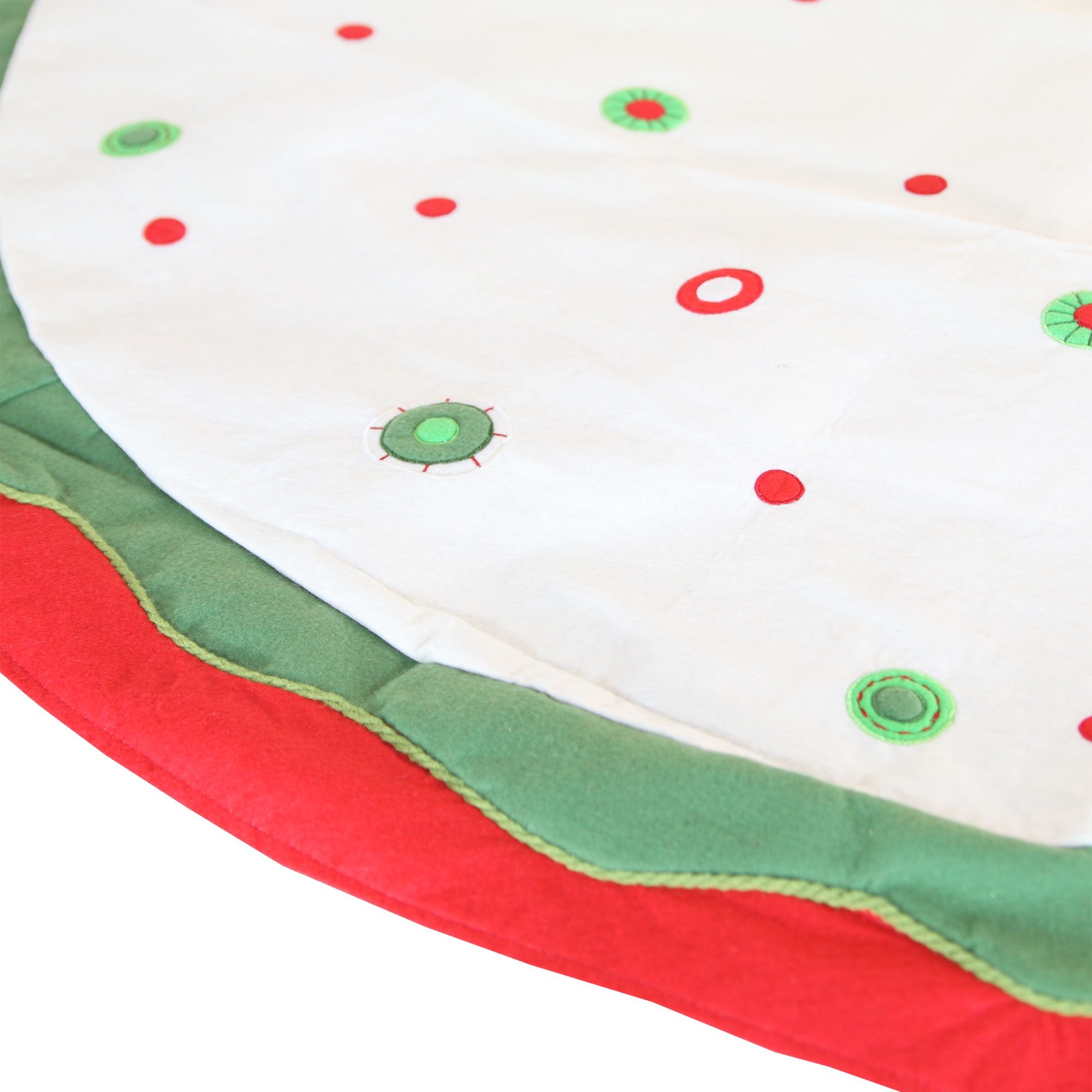 Product ID: 22260 Description: 56 White Fabric Christmas Tree Skirt with Red and Green Circles