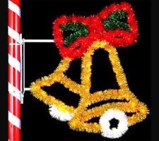 4' X 3.5' Double Bell w/Bow and Garland, Pole Mount, Amber Clear and Red Lamps