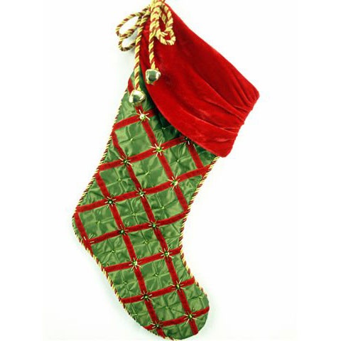 Green and Red Satin Stocking with Bells