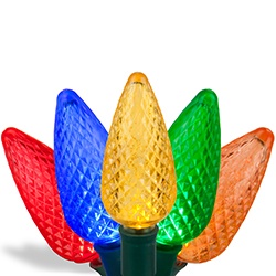C9 LED Faceted Multicolored Prelamped 25 Light Set, Green Wire
