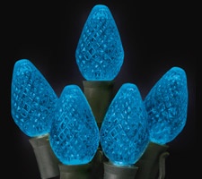 Commercial C7 LED Faceted Sapphire Blue Prelamped 25 Light Set, Green Wire, 6'' Spacing