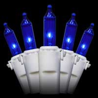 50 Blue Christmas Mini Lights, 4" Spacing, Premium, White Wire