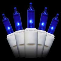 100 Blue Christmas Tree Mini Lights, 2.5" Spacing, White Wire