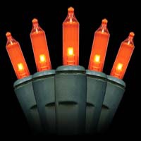 50 Amber Christmas Tree Mini Lights, 6" Spacing, Green Wire