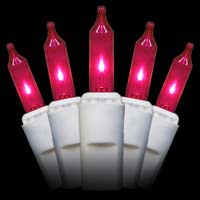 100 Pink Christmas Tree Mini Lights, 2.5" Spacing, White Wire