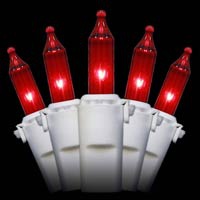 50 Red Christmas Mini Lights, 4" Spacing, Premium, White Wire