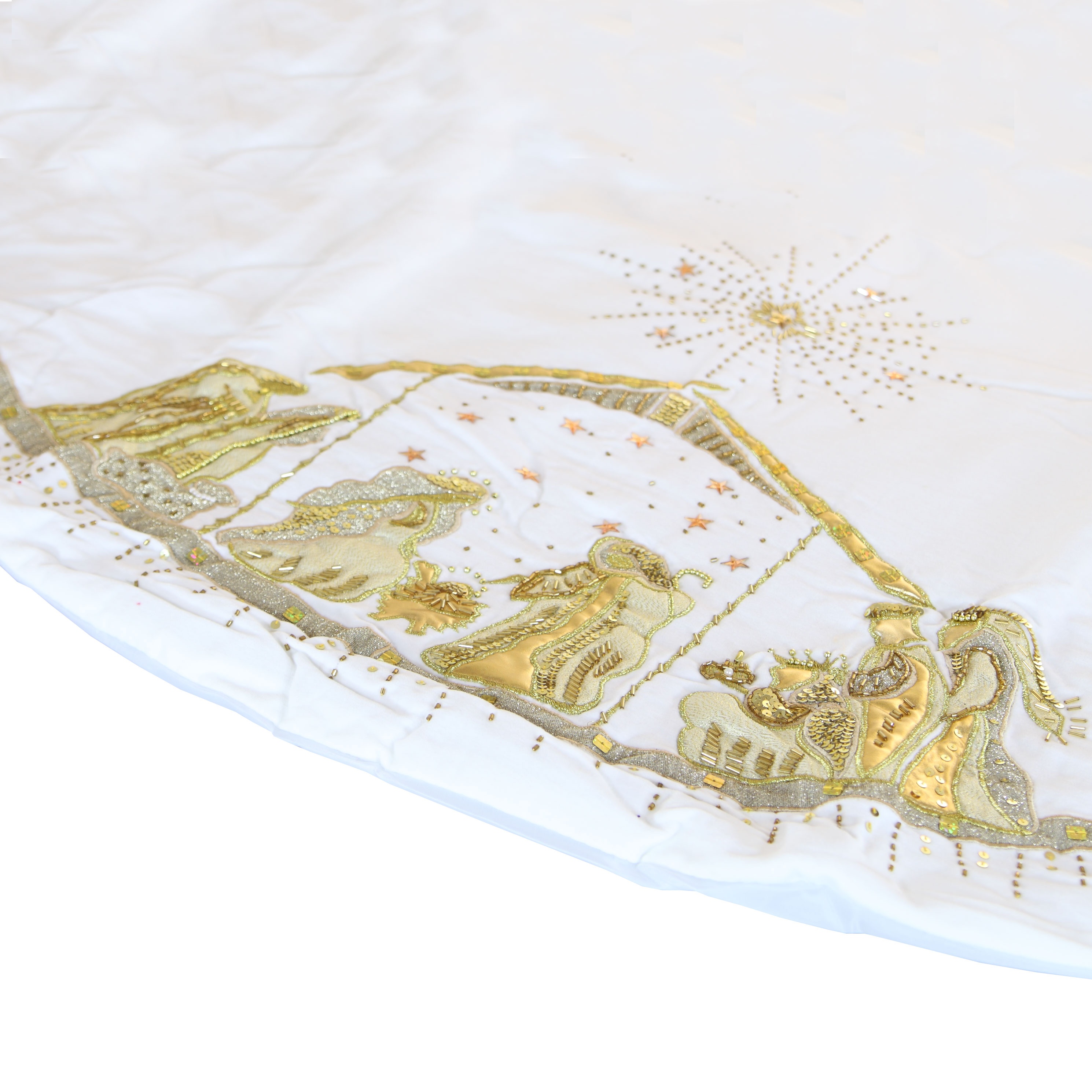 White and Gold Nativity Scene Tree Skirt