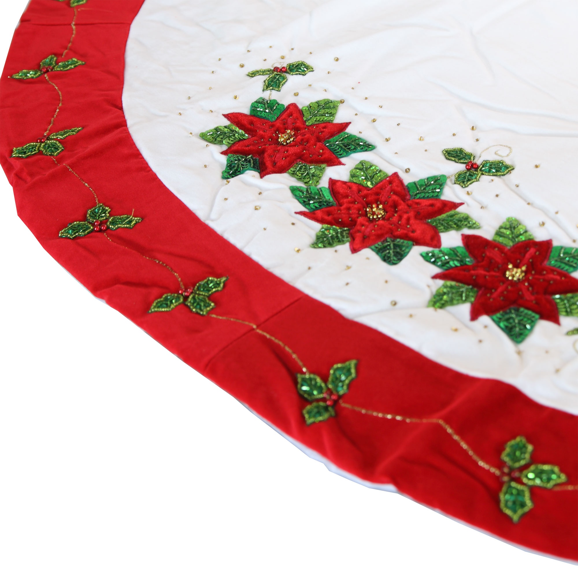 White Tree Skirt with Red Poinsettia Design